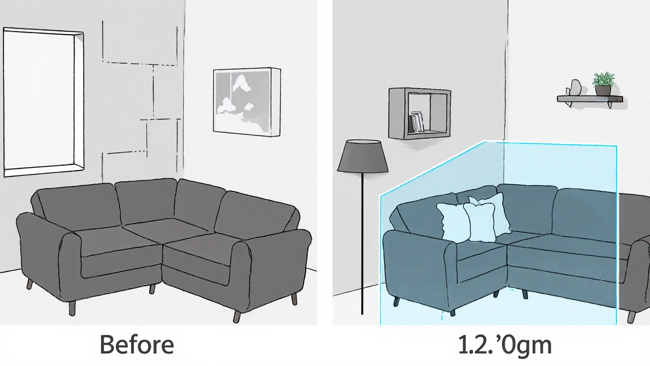Before-and-after visual of a small room: bulky sofa replaced by corner sofa that frees up floor space.