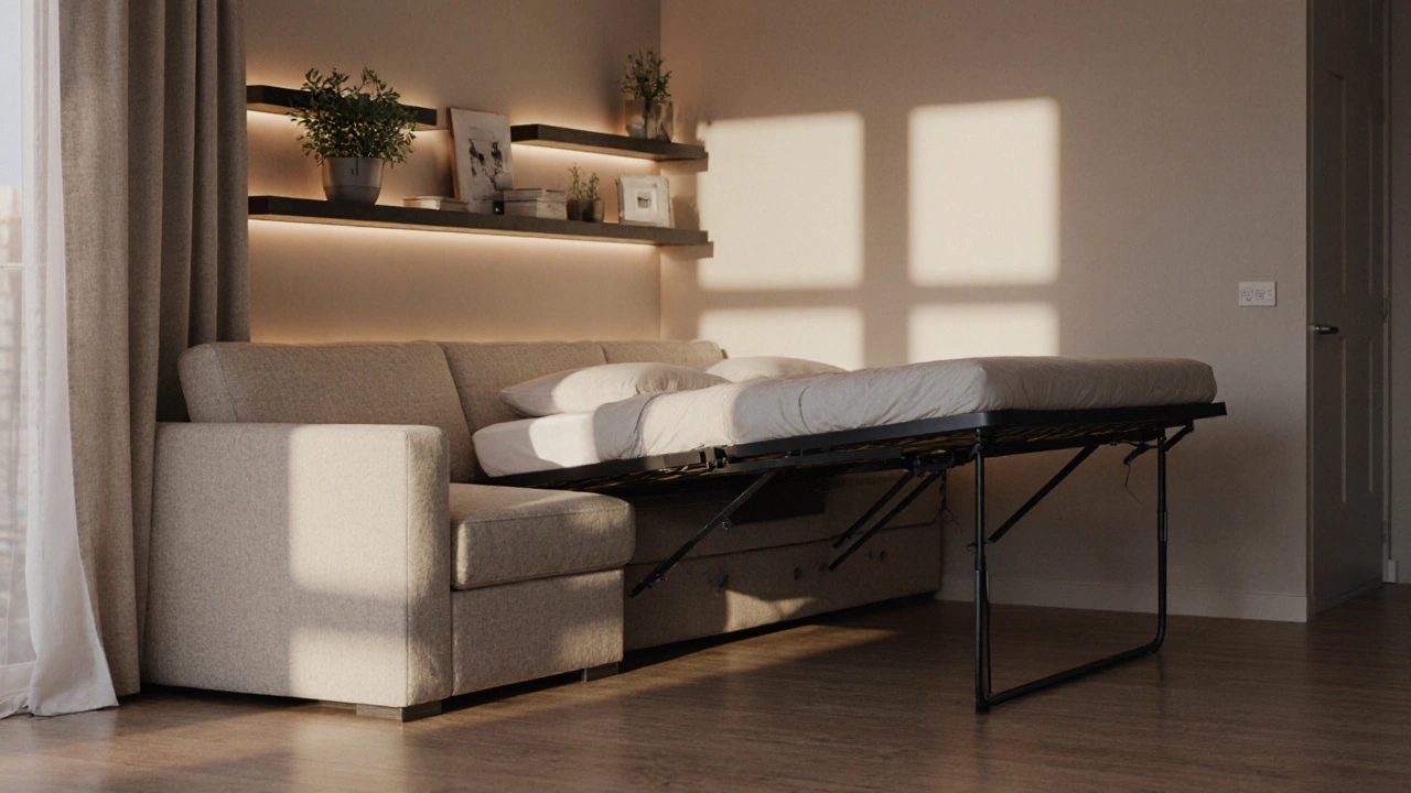 Corner sofa with storage and pull-out bed in a compact bedroom-living space, lit by warm ambient light.