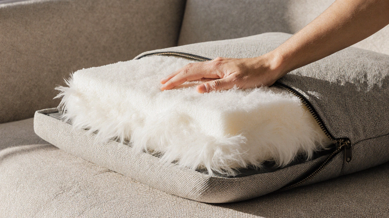 Couch cushion cut open to show foam core wrapped in soft down feathers.