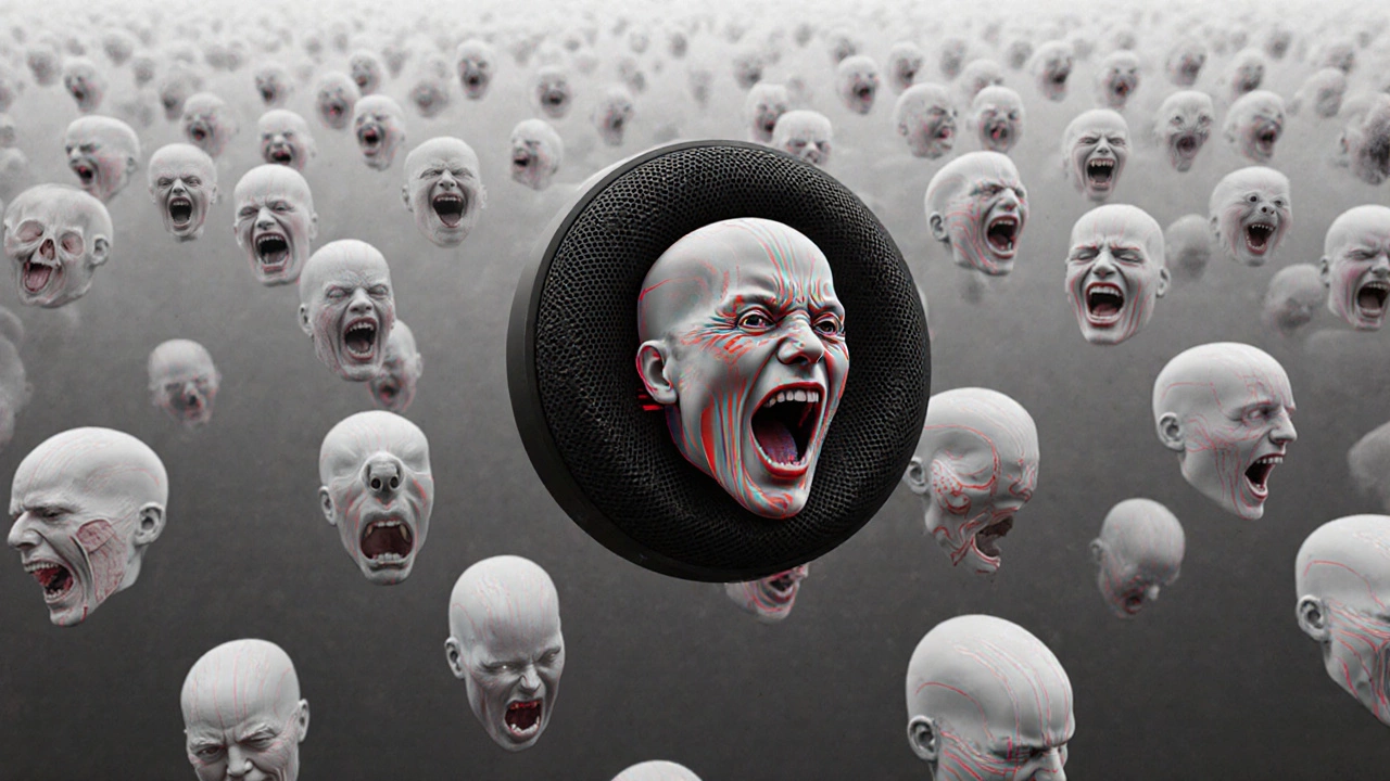 Countless silent faces float in a digital void, one trapped inside a smart speaker, glowing with faint red circuits.