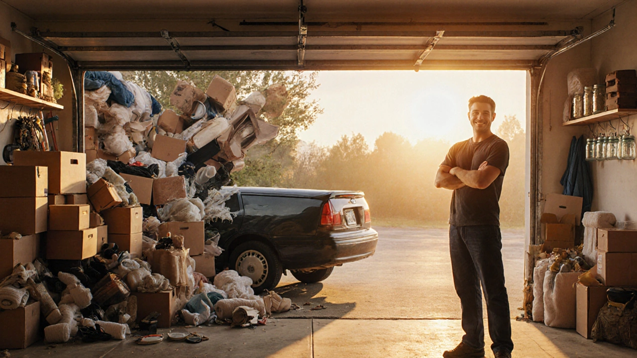 Garage cleared of clutter, car parked inside, using only repurposed household items.