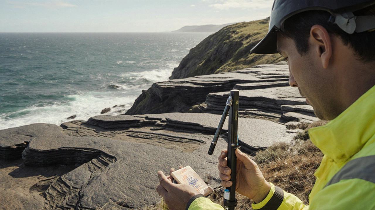 Geologist measuring tilted sedimentary bedding layers on a coastal rock outcrop.