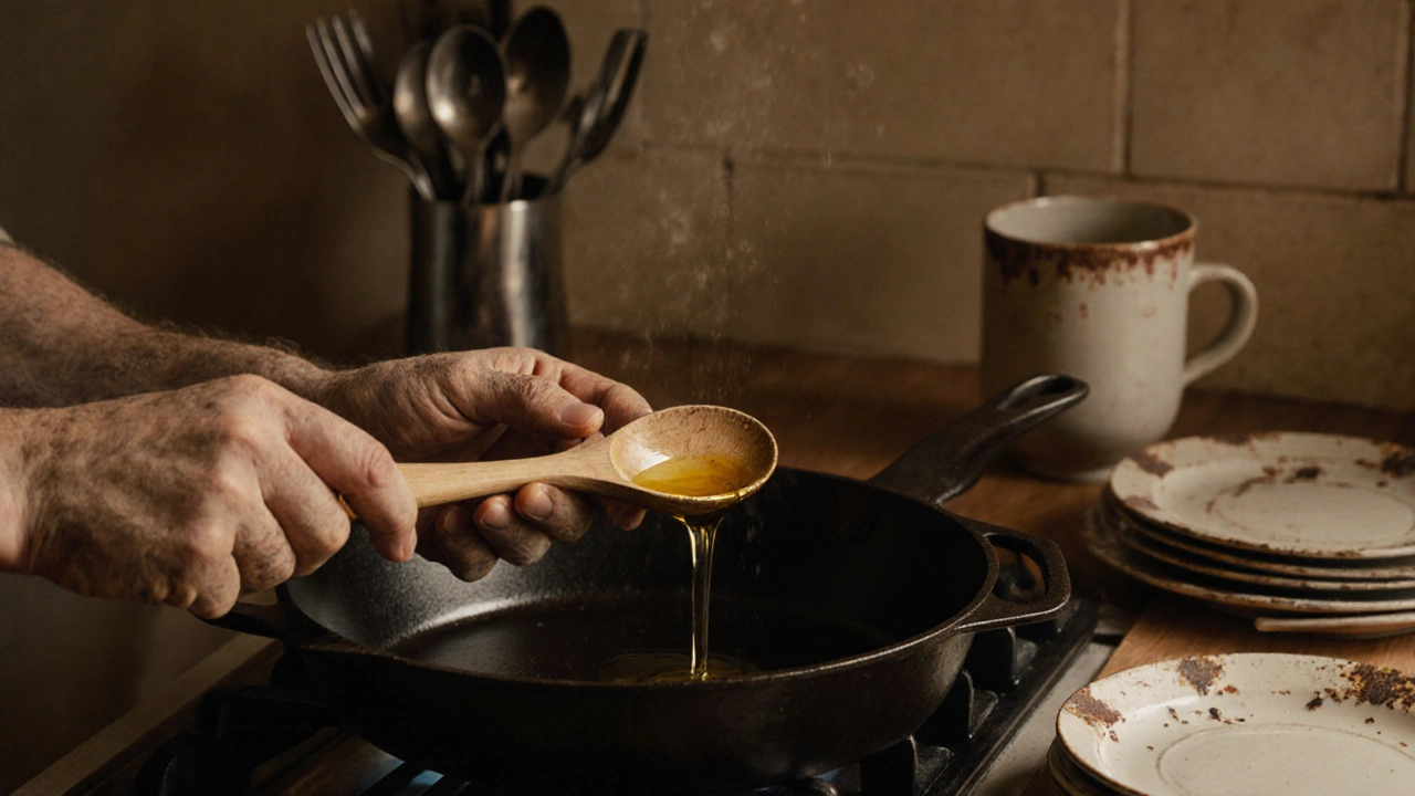 Hands oiling a wooden spoon with cast iron skillet and vintage plates in background.