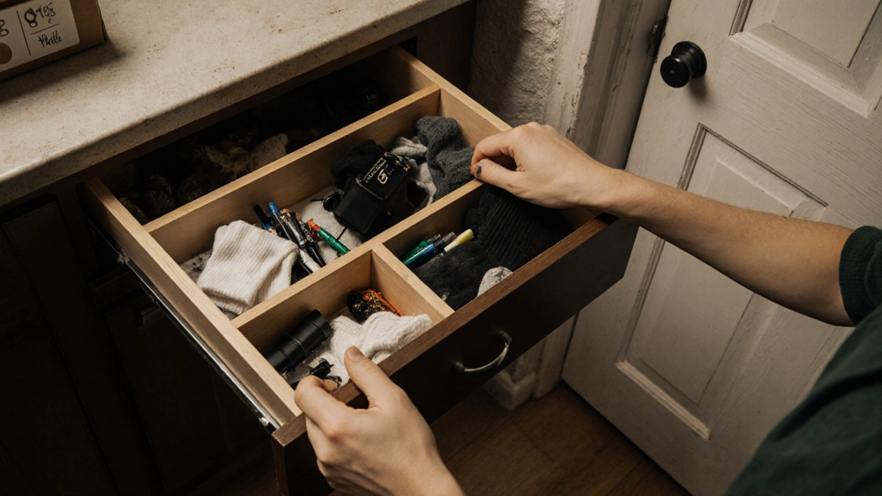 Hands sorting items from a drawer into three piles: keep, toss, and relocate.