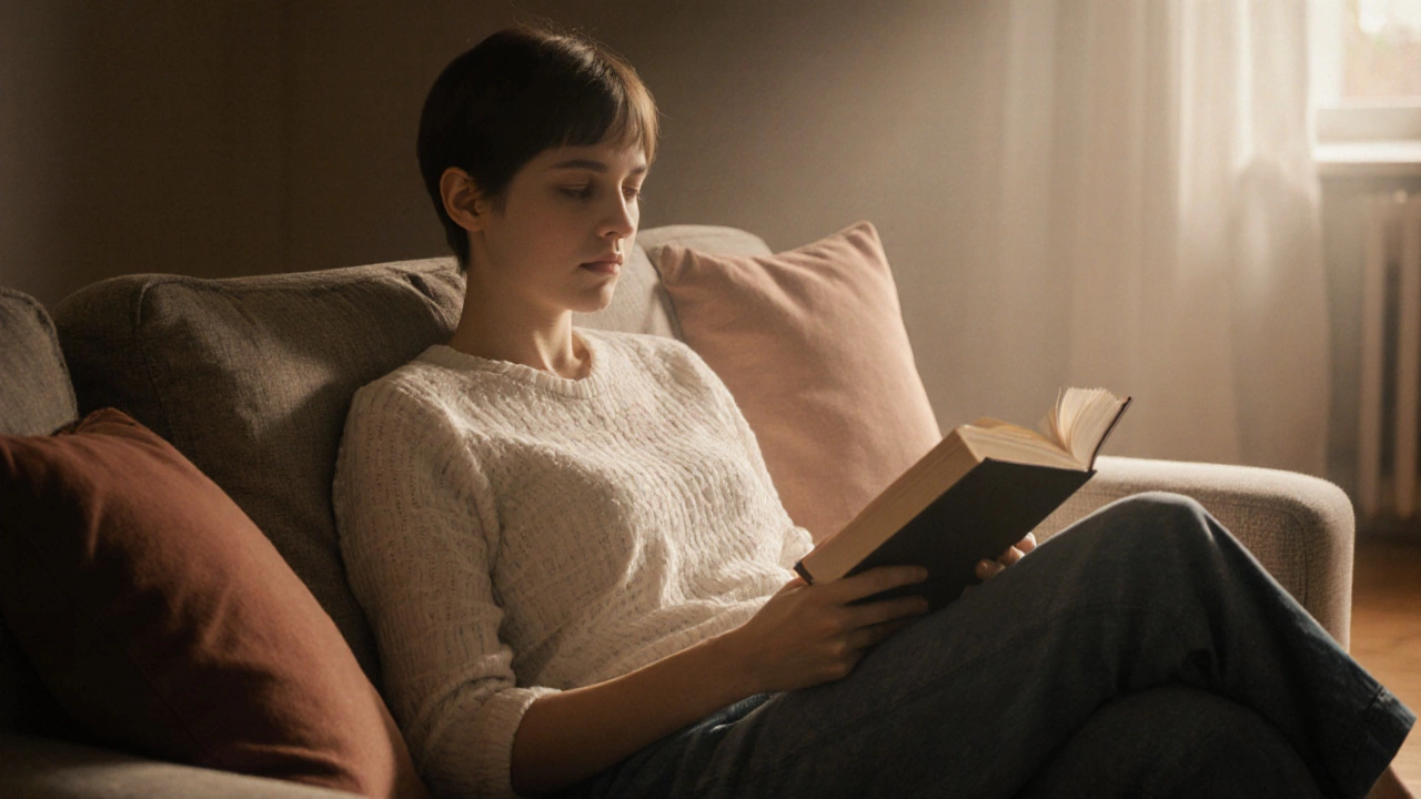 Person sitting comfortably on a durable sofa with proper posture and relaxed arms.
