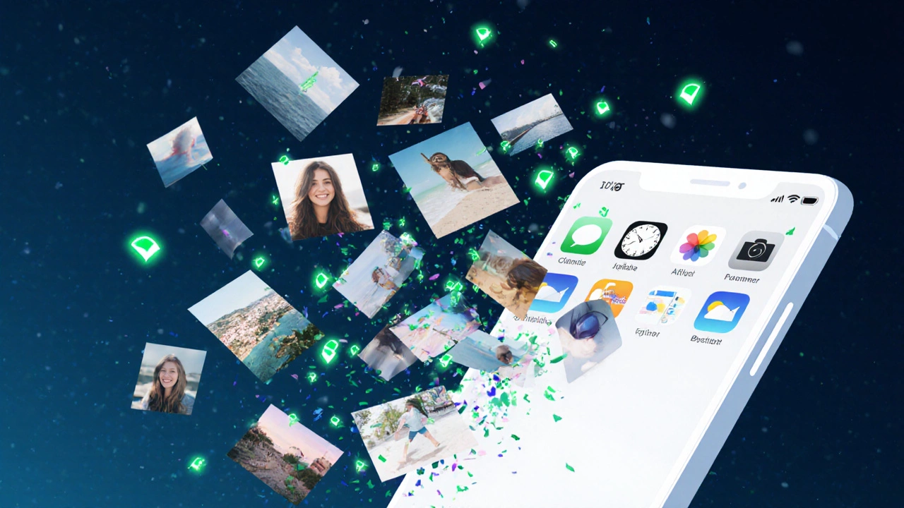Smartphone screen showing deleted photos flying away, clean interface remaining.