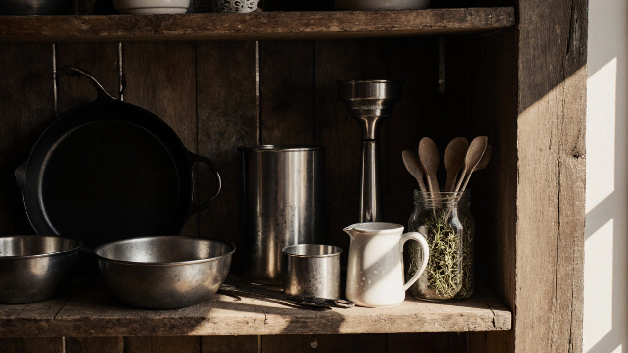 Wooden shelf with cast iron skillet, colander, measuring tools, and herb jars in natural light.