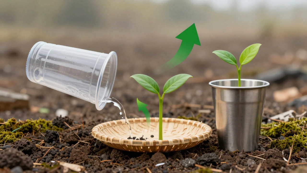 A plastic cup transforming into bamboo and reusable cups, with green shoots rising from a landfill.