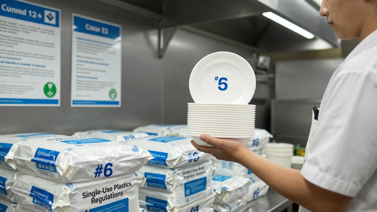 Catering worker holding disposable tableware with visible resin codes #5 and #6 in a kitchen setting.