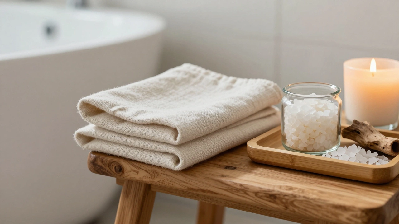 Close-up of wooden stool with linen curtain, bamboo tray, bath salts, and driftwood in a tranquil bathroom setting.