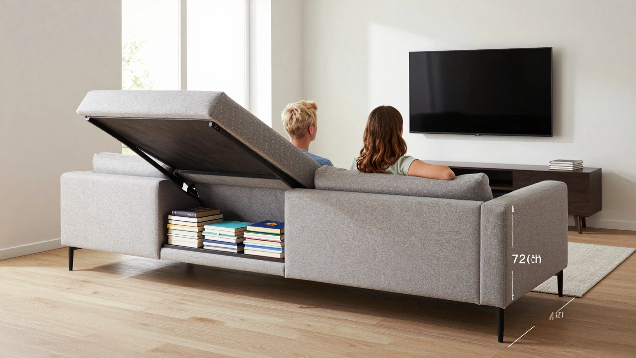 Corner sofa chaise lifted to show hidden storage, with couple seated comfortably in a tidy, well-proportioned living area.