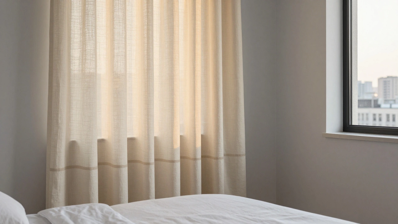 Cream striped curtains in a bedroom with gray walls and a white bed, softly lit by evening sunlight.