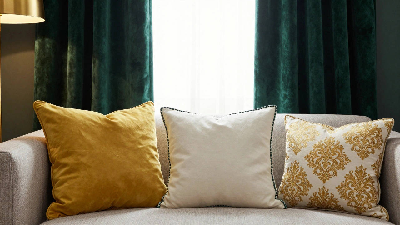 Emerald curtains with mustard, off-white, and damask cushions in a softly lit living room.