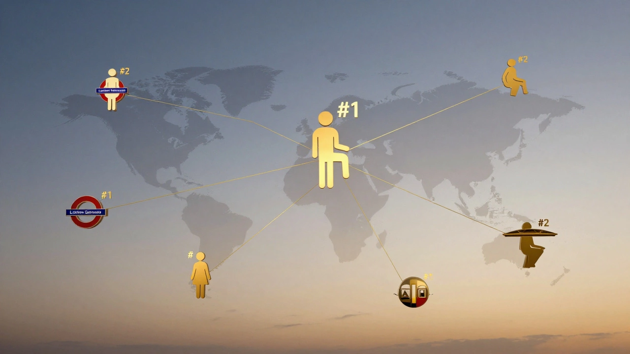 Floating #1 and #2 bathroom symbols connected by golden lines across global landmarks.