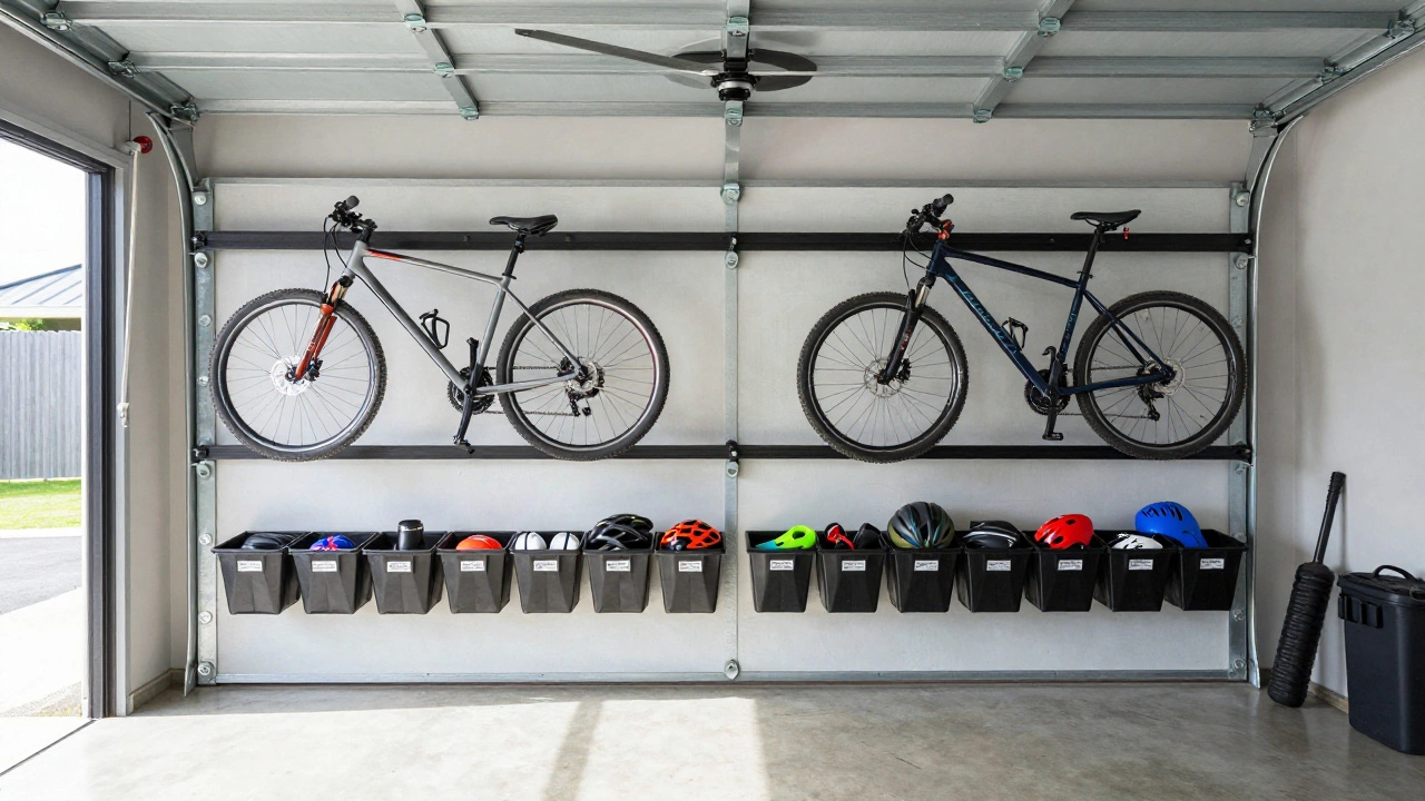 Garage wall with steel shelving, bikes, and tool bins neatly arranged under natural sunlight.