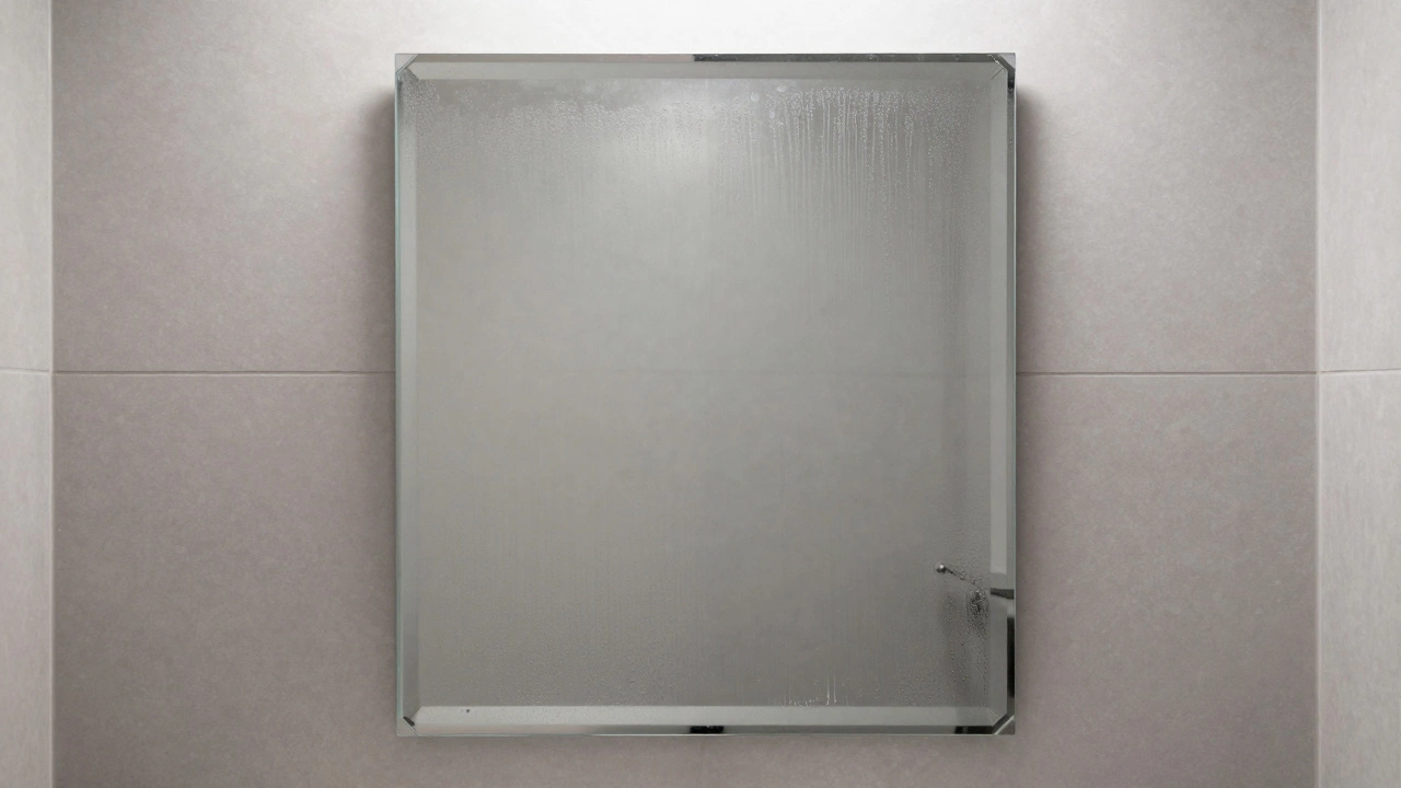 Heavy mirror in bathroom reflecting person clearly, no fog or spots.