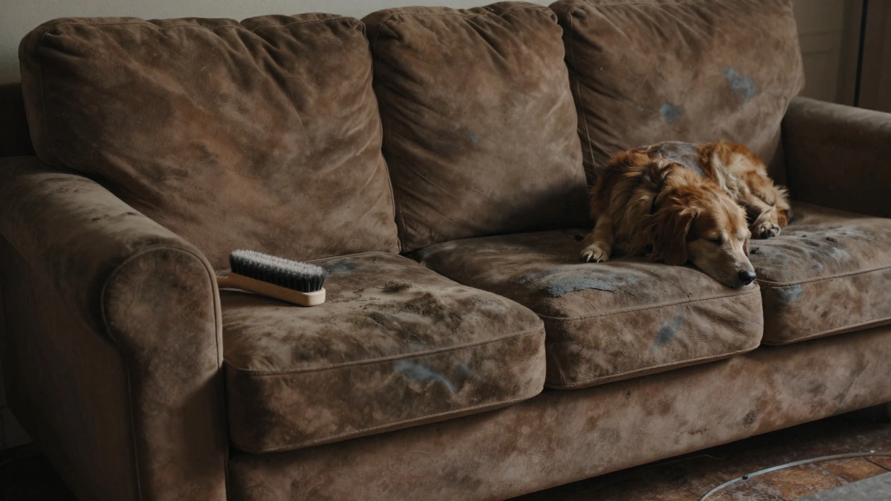 Microsuede couch with grayed high-wear areas and a pet sleeping on it.