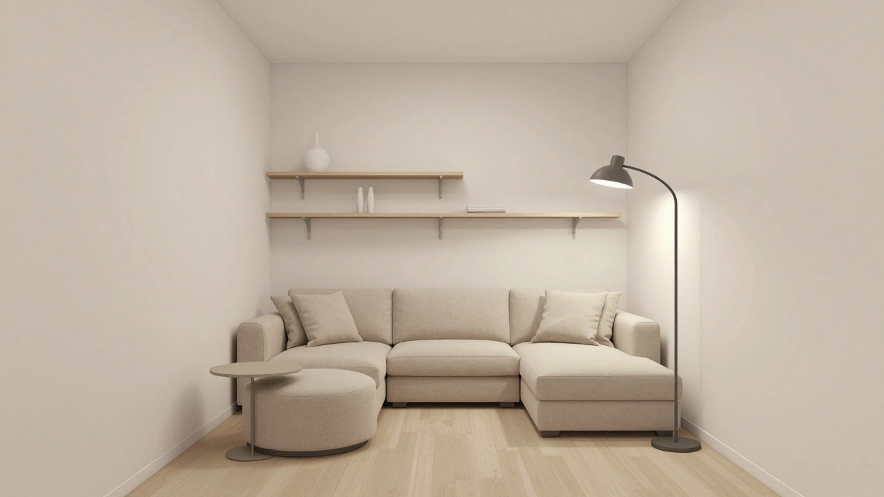 Minimalist 120-degree corner sofa in beige with ottoman and wall shelves, enhancing spatial flow in a narrow room.