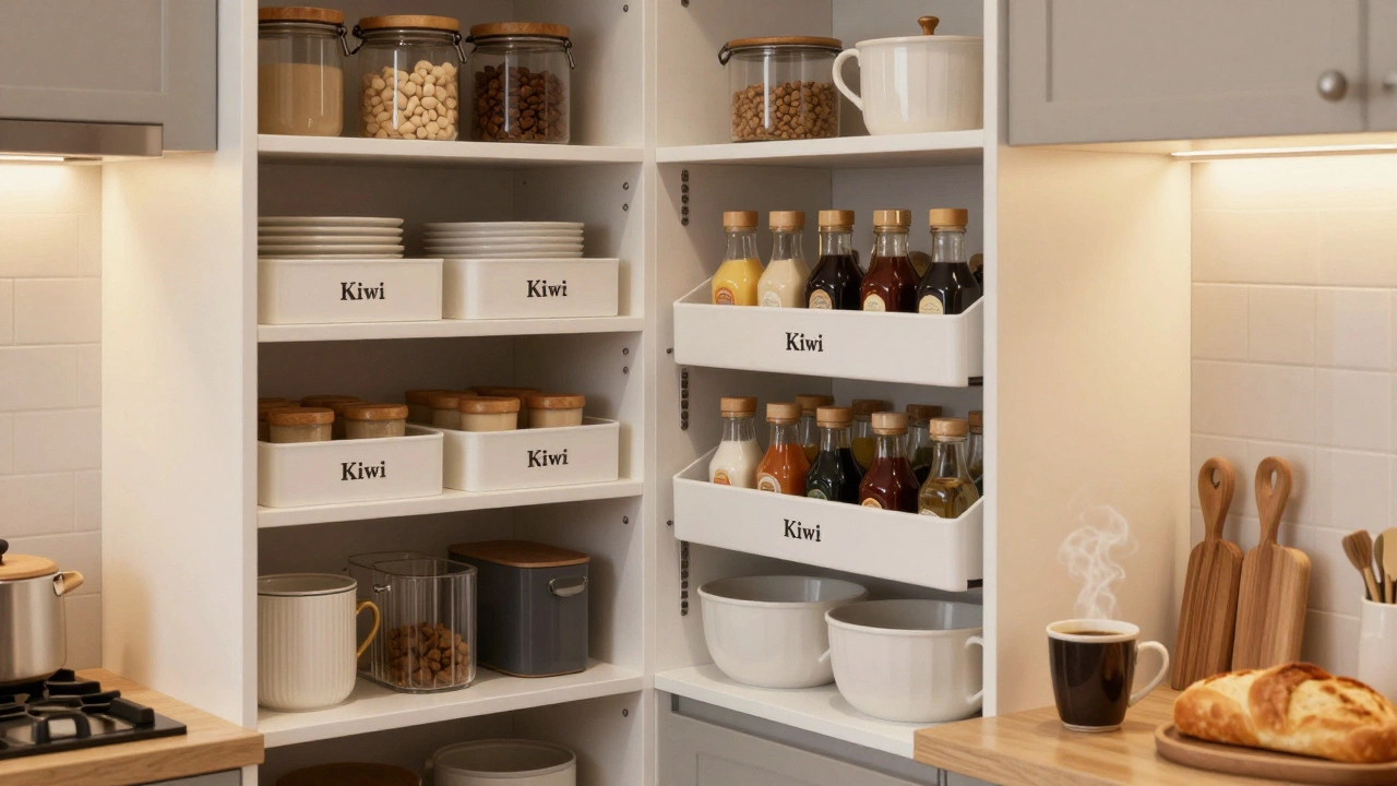 Modern pantry with white shelves, labeled bins, and pull-out racks, featuring coffee and bread on the counter.