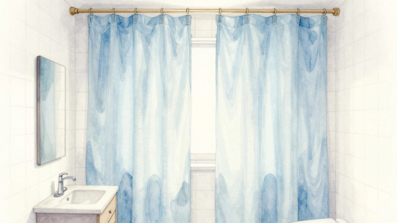 Pale blue sheer curtains in a small bathroom, letting soft light filter through for an airy feel.