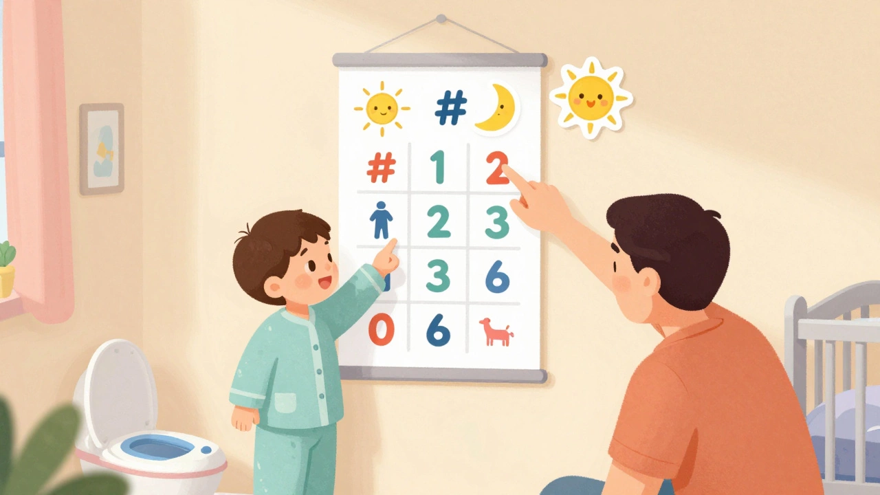Parent and child pointing at a bathroom chart with #1 and #2 icons in a cozy nursery.