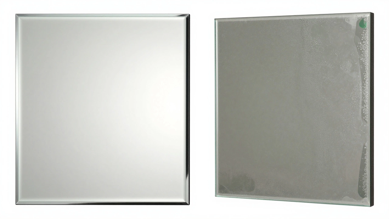 Side-by-side mirrors showing clear reflection versus green tint and edge damage.