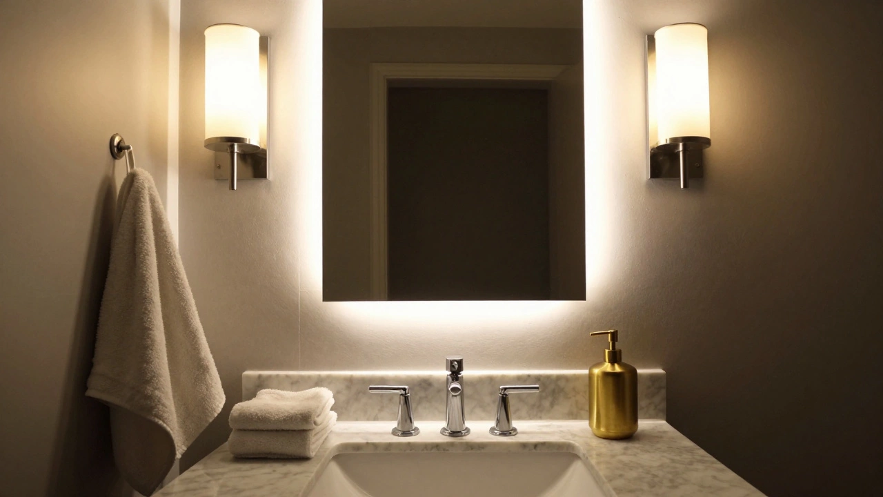 Softly lit bathroom with LED mirror strips and wall sconces, no harsh overhead light, warm glow enhancing textures.