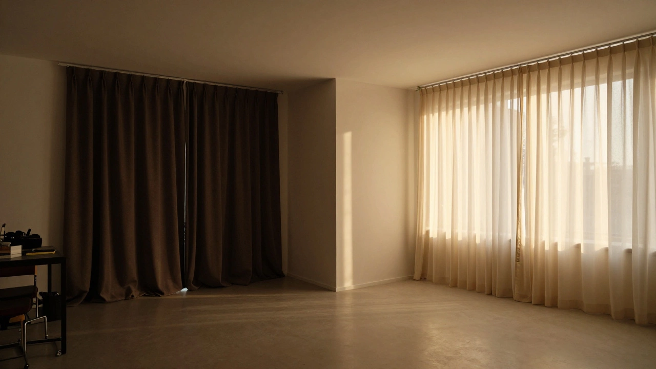 Split image showing dark curtains making a room feel cramped versus light curtains creating openness.