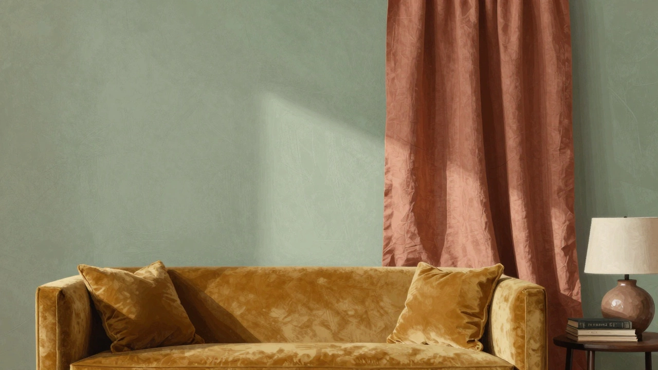 Terracotta linen curtains connecting sage green walls and a mustard sofa in a cozy, textured interior.