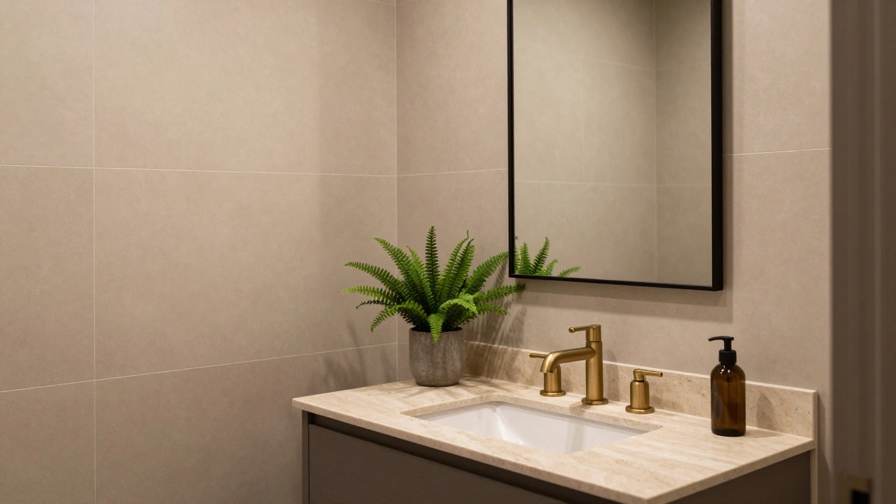 Warm beige bathroom with taupe tiles, brushed nickel fixtures, and a black-framed mirror.