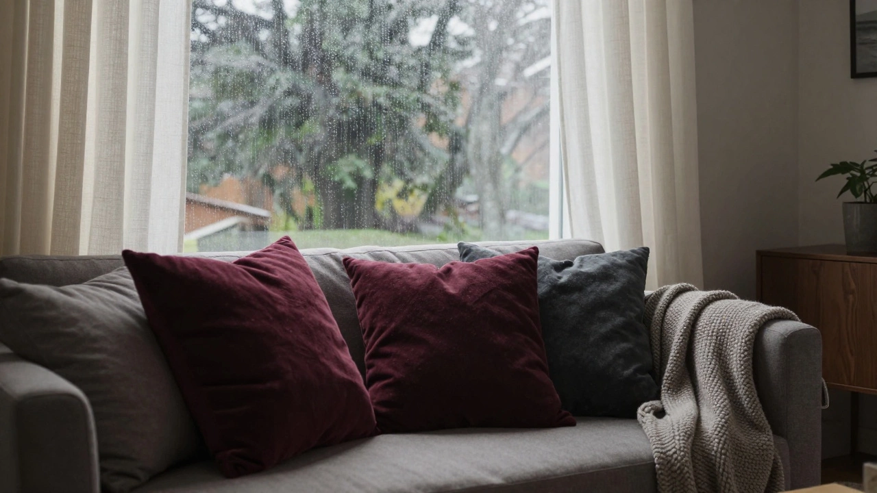 Winter cushions in burgundy and charcoal beside light curtains, rain visible outside the window.