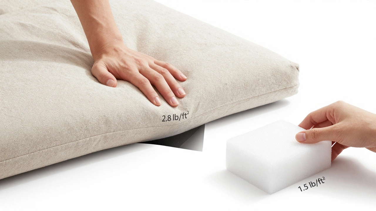 A hand pressing a resilient cushion that springs back, beside discarded low-density foam.