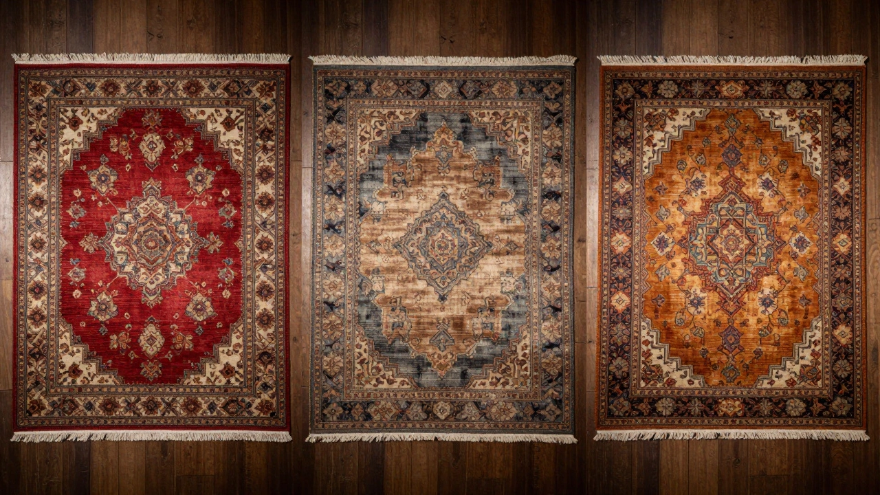 A luxury rug aging over 40 years, showing rich patina and deepened colors with time.