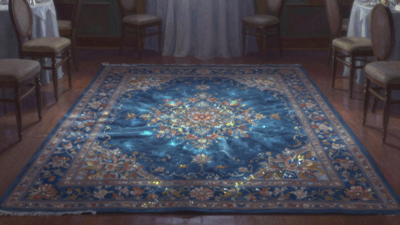 A shimmering silk rug in a formal dining room, glowing with light and intricate patterns, no foot traffic.