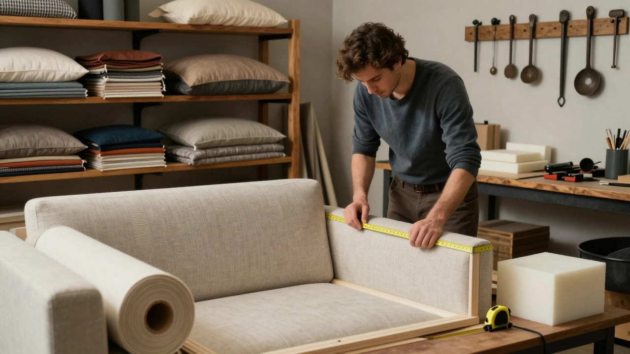 An upholsterer measuring a sofa frame in a workshop with fabric rolls and foam blocks.