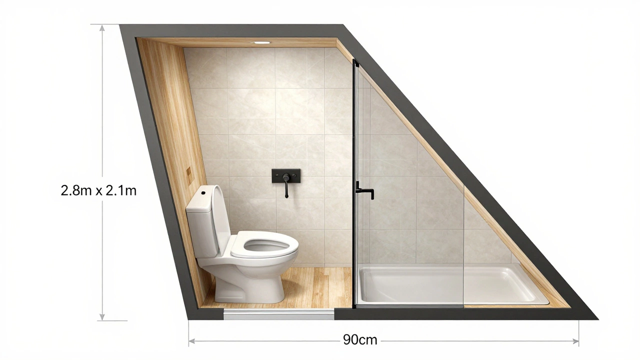 Architectural layout drawing of a triangular bathroom showing precise fixture placement in a narrow space.