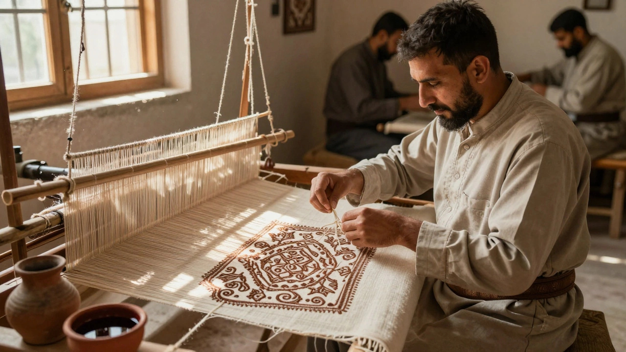 Artisan tying wool knots by hand on a traditional loom in a sunlit workshop, natural dyes nearby.