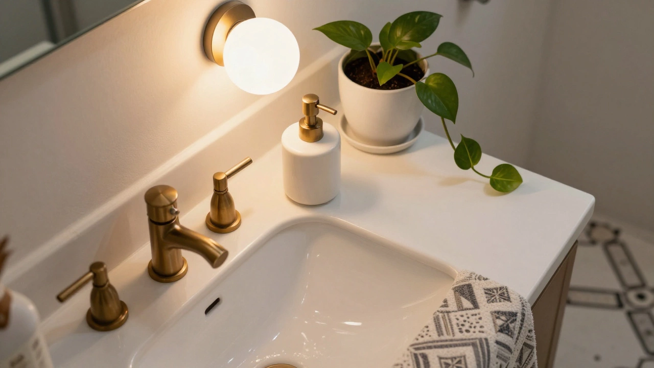 Close-up of bathroom vanity with bronze hardware, geometric bath mat, and pothos plant under warm LED lighting.