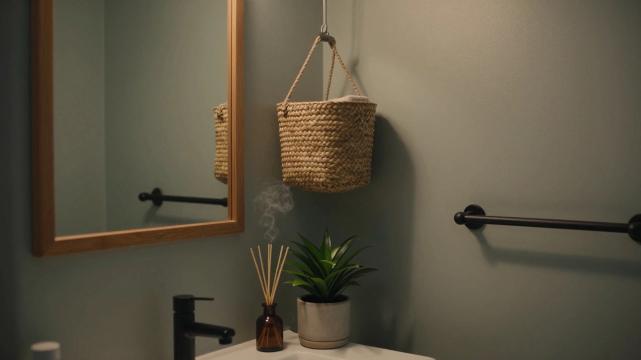 Cozy bathroom corner with wooden mirror, woven basket, reed diffuser, and ZZ plant in soft evening light.
