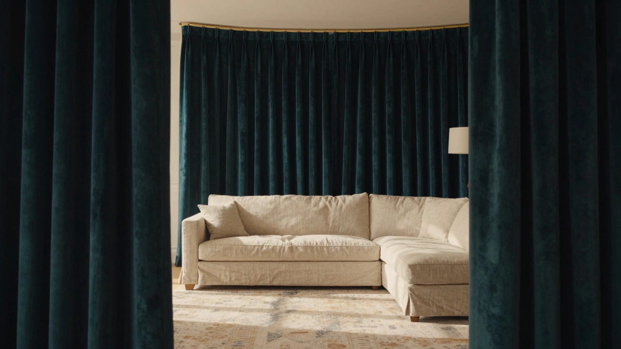 Deep teal velvet curtains frame a cream sofa in a bright, spacious room with elegant drapery.