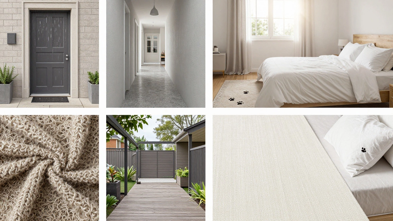 Four rug materials shown in their ideal settings: wool, nylon, polypropylene, and cotton, each suited to different home areas.