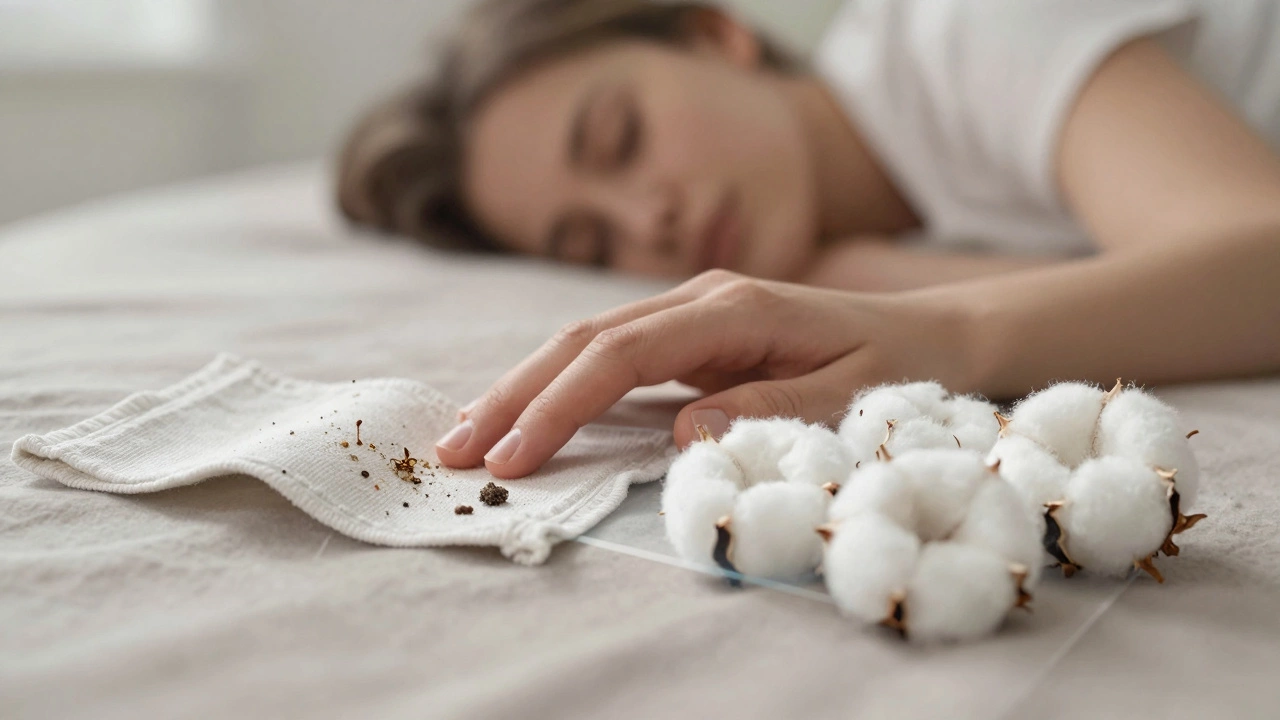 Hand on bed with microscopic view showing clean fibers versus chemical residues.