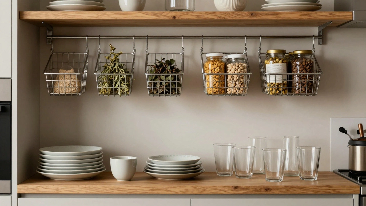 Hybrid wood and wire shelves in a kitchen with dishes and pantry items.