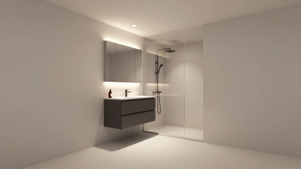 Modern small triangle bathroom with floating vanity, mirrored cabinet, and LED lighting for an open feel.