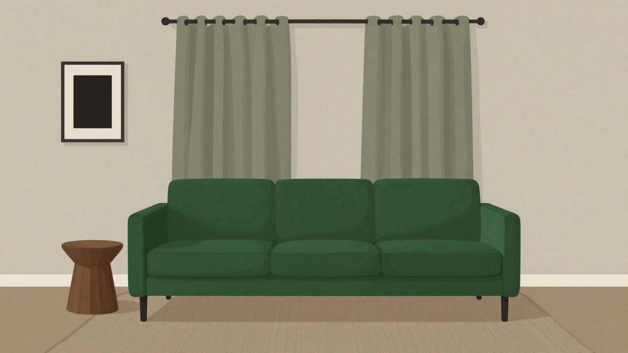 Sage curtains complement a bold green sofa and neutral decor in a harmonious, balanced interior.