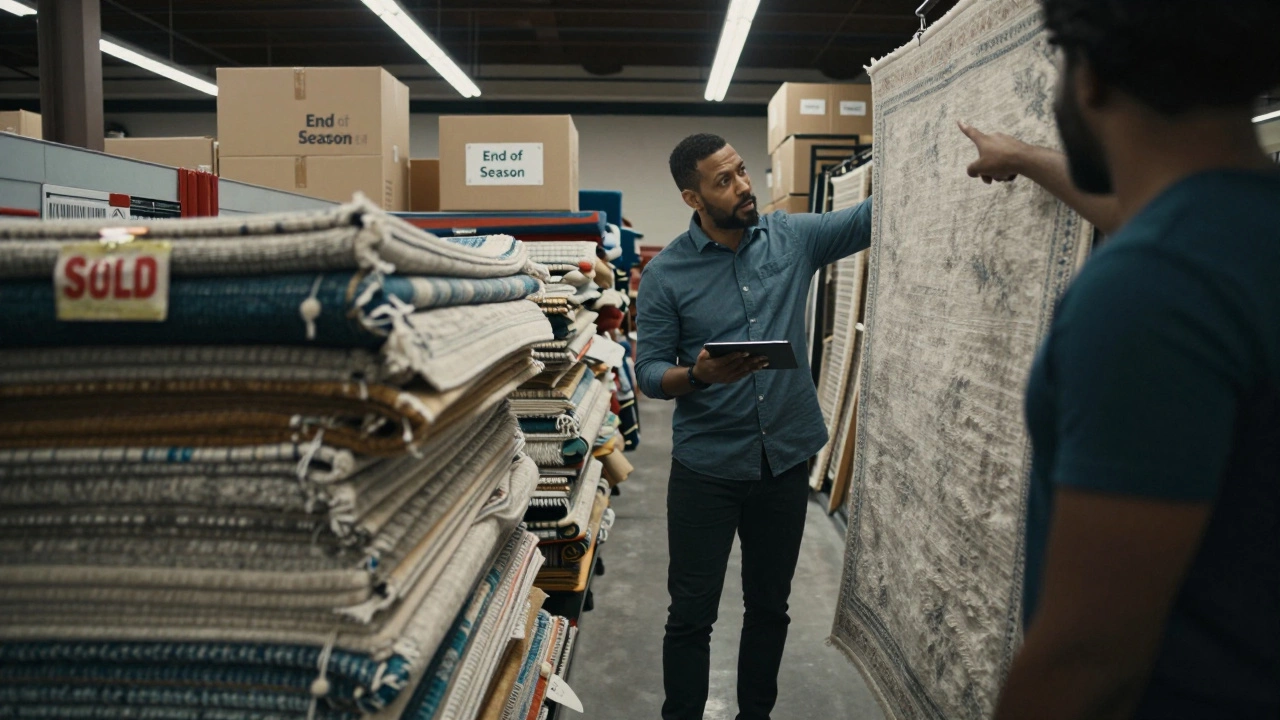 Warehouse clearance aisle with stacked rugs and a manager assisting a customer near a discounted piece.