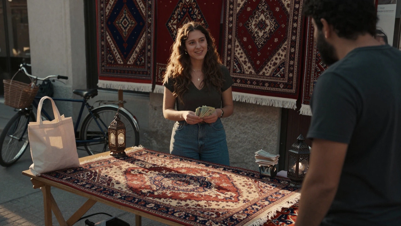 Woman negotiating over a vintage Turkish rug at a sunny flea market stall with cash in hand.