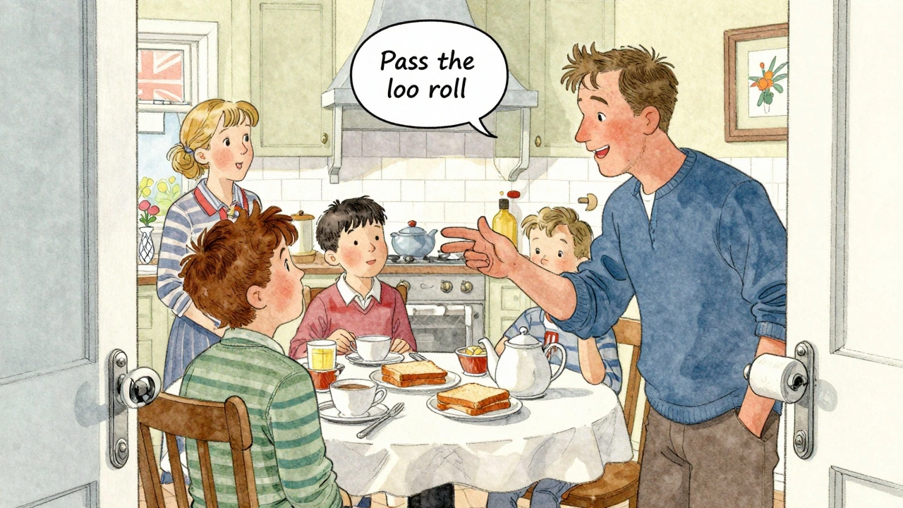 A British family laughing as one asks for 'loo roll' near the bathroom door.