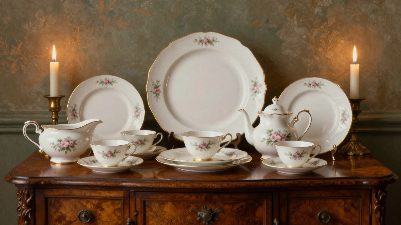 A formal dining service with fine china, serving platters, and teacups lit by candlelight on a mahogany sideboard.