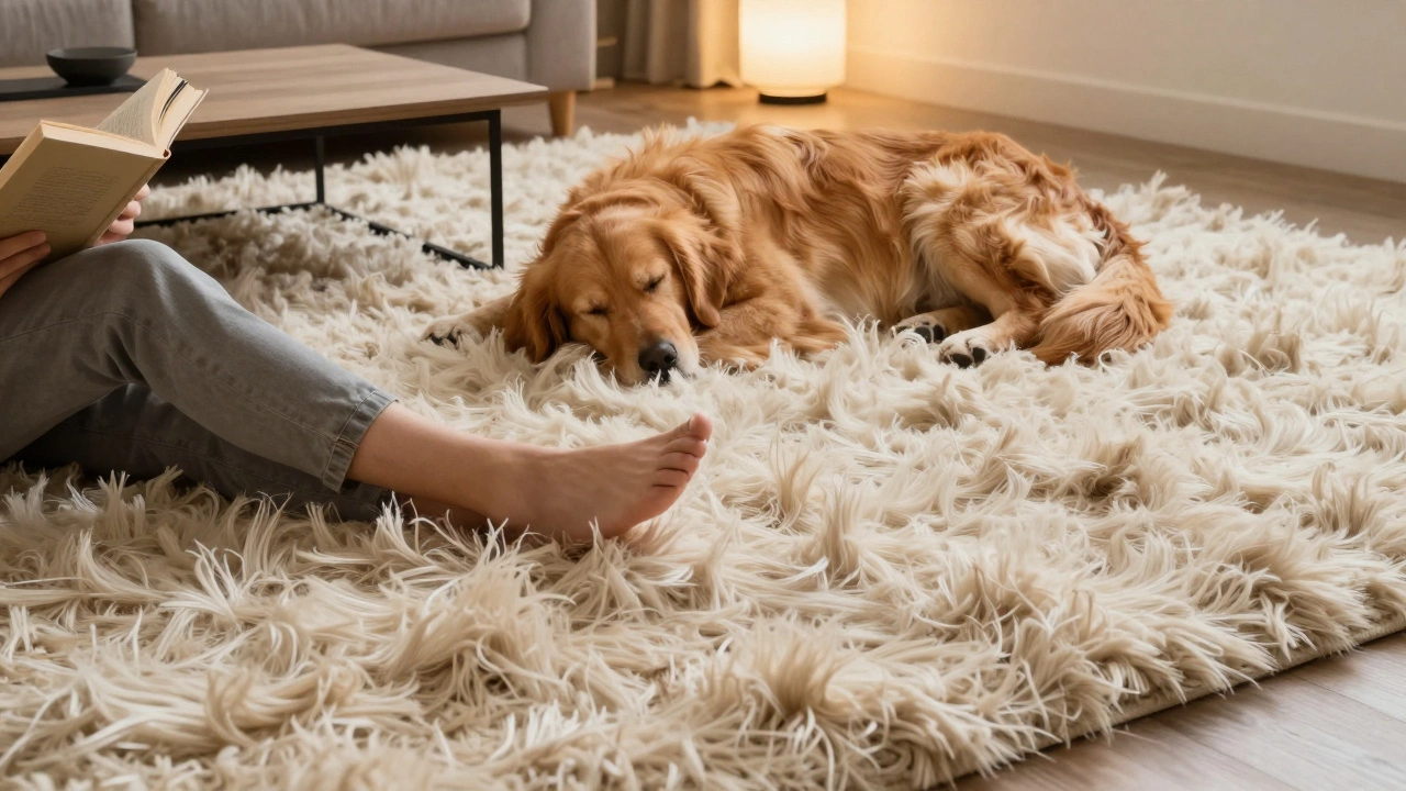 A person and dog relaxing on a deep shag rug in a cozy living room, fibers gently surrounding their feet.